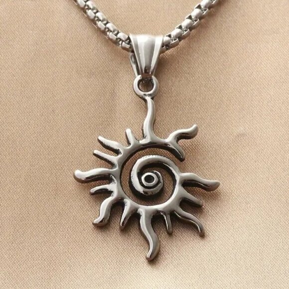 Spiral Sun Silver Tone Pendant and Necklace #1375 - Picture 4 of 12